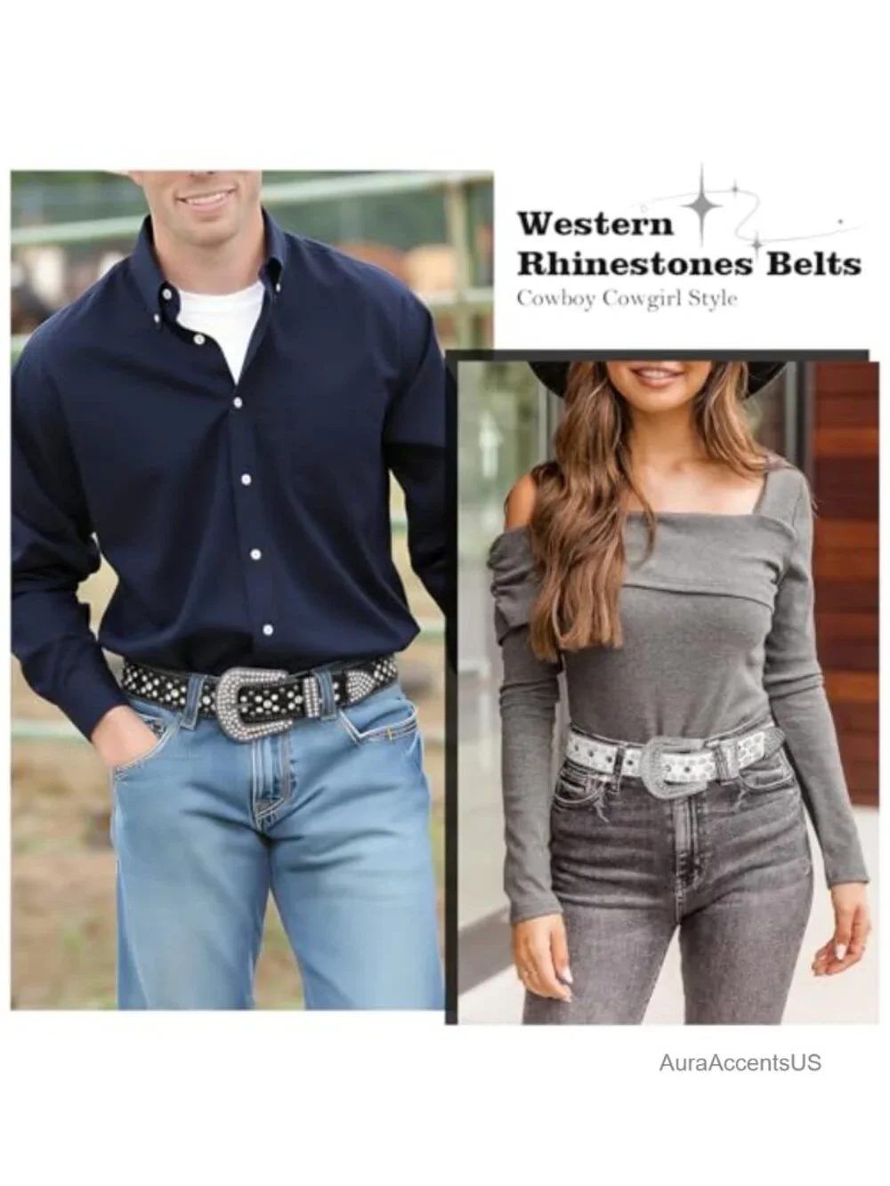 Western Rhinestone Studded Belt with Removable Buckle Cowgirl Cowboy Waist Belt